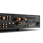 Close-up of the rear panel of a black Hegel H200 integrated amplifier, showing various audio and video input/output connectors including RCA, XLR, USB, and Ethernet ports.