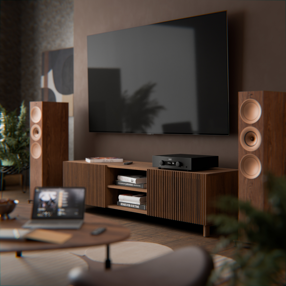 A modern living room setup featuring a large black flat-screen TV mounted on a dark brown wall above a slatted wood media console. Matching wood speakers stand on either side, and a black audio receiver sits on the console.