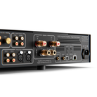 Close-up of the rear panel of a black Hegel H200 Integrated Amplifier, showing speaker inputs, RCA jacks, USB and optical inputs, and power ports on a white background.