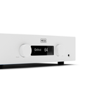 A close-up of a white HEGEL audio receiver or amplifier front panel, featuring two white rotary knobs and a central black digital display showing 'Qobuz 64'.