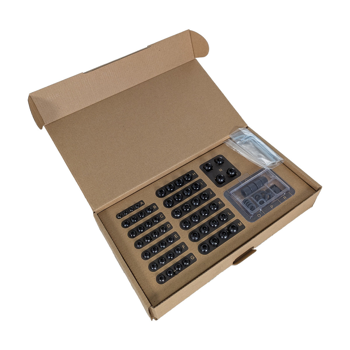 Open cardboard box with Kanto BOLT-KIT Universal TV Mounting Screw Set 