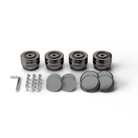 A set of four dark IsoAcoustics Gaia II Neo speaker isolators with silver metal pins, a small L-shaped wrench, and four round gray pads, arranged neatly on a white background.