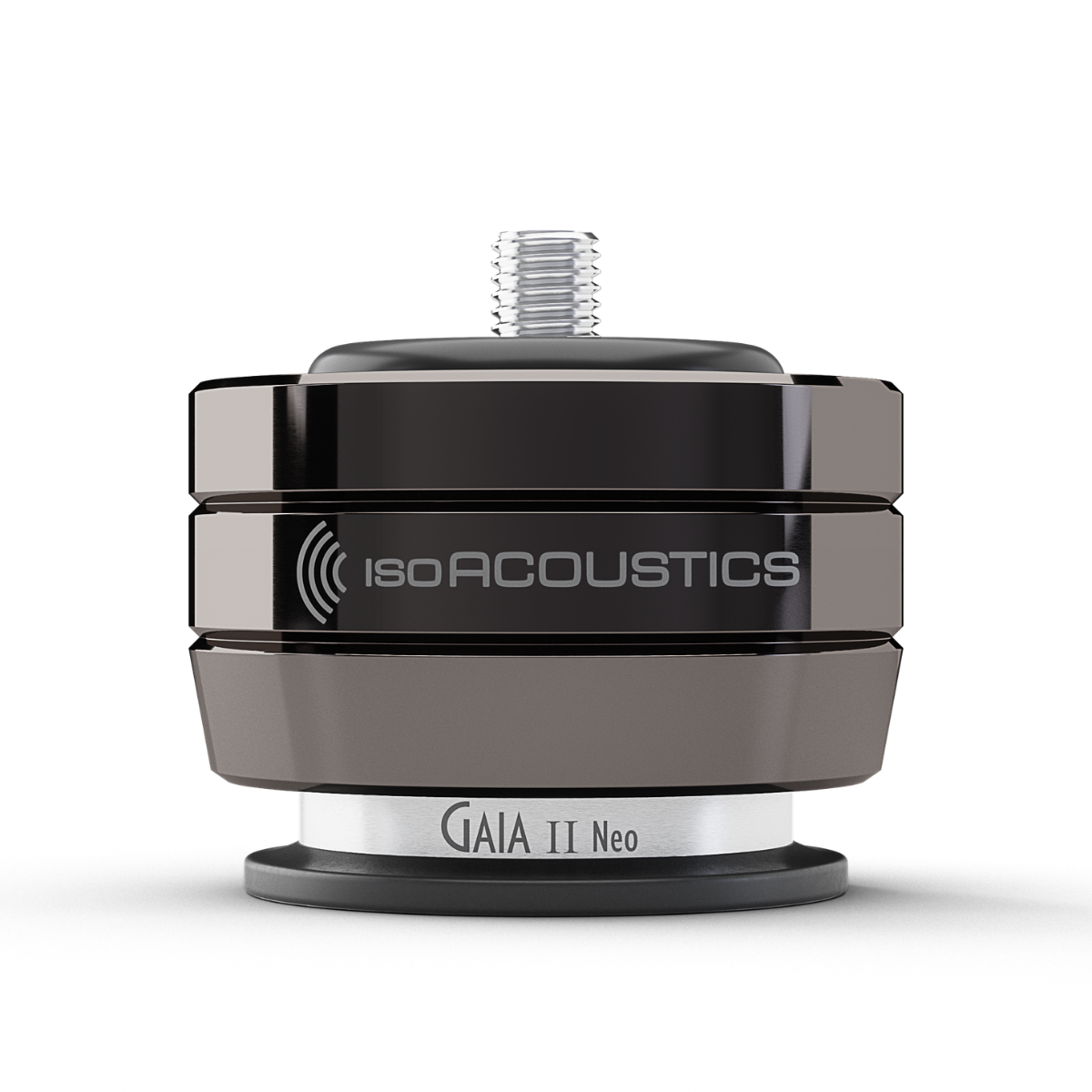 ISO Acoustics GAIA II Neo speaker isolator on a clean white background. The device features a dark gray and black anodized metal body with a silver threaded top and a silver band at the base.