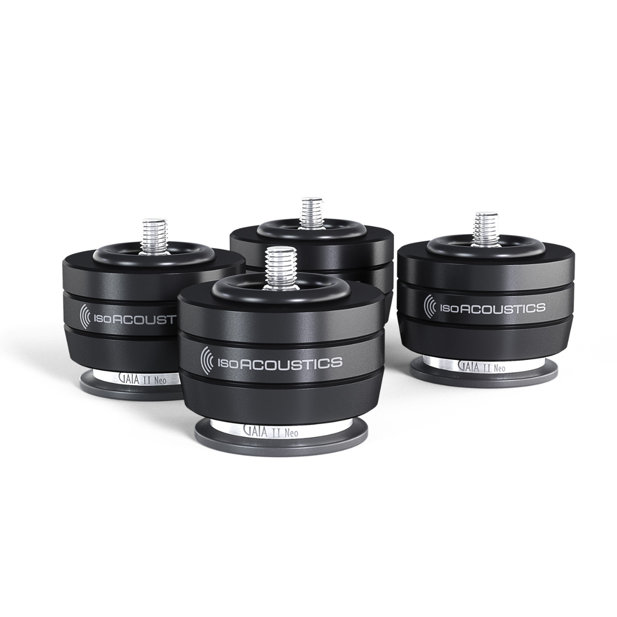 Four black Isoacoustics GAIA II Neo acoustic isolation mounts arranged in a group on a clean white background.