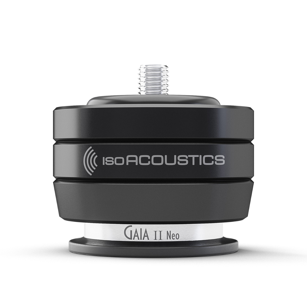 A black Isodacoustics GA1A II Neo acoustic coupling piece with a silver threaded top and a silver band at the base, shown on a white background.
