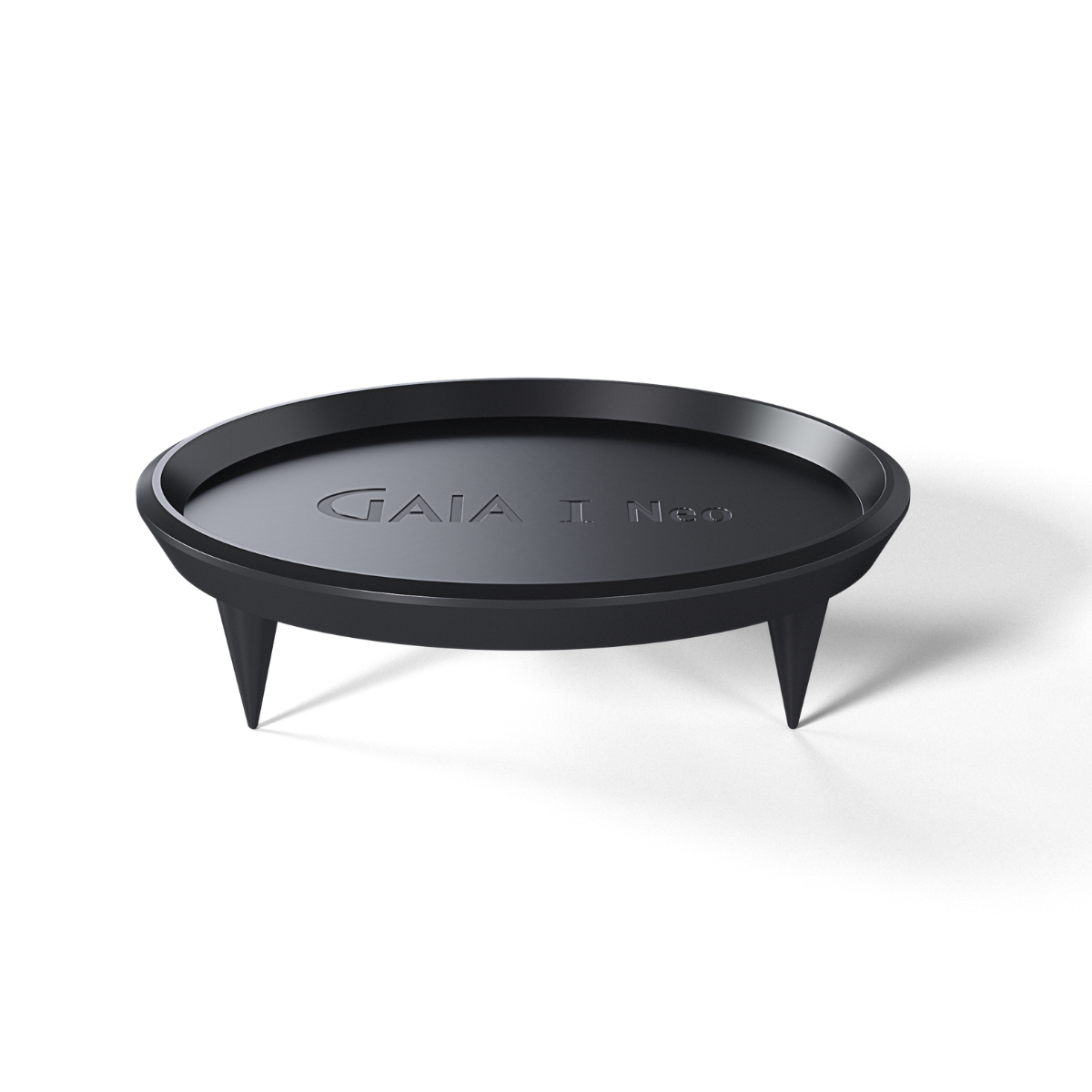 A black circular Gaia Neo stand with three short legs, shown on a clean white background with a soft shadow.