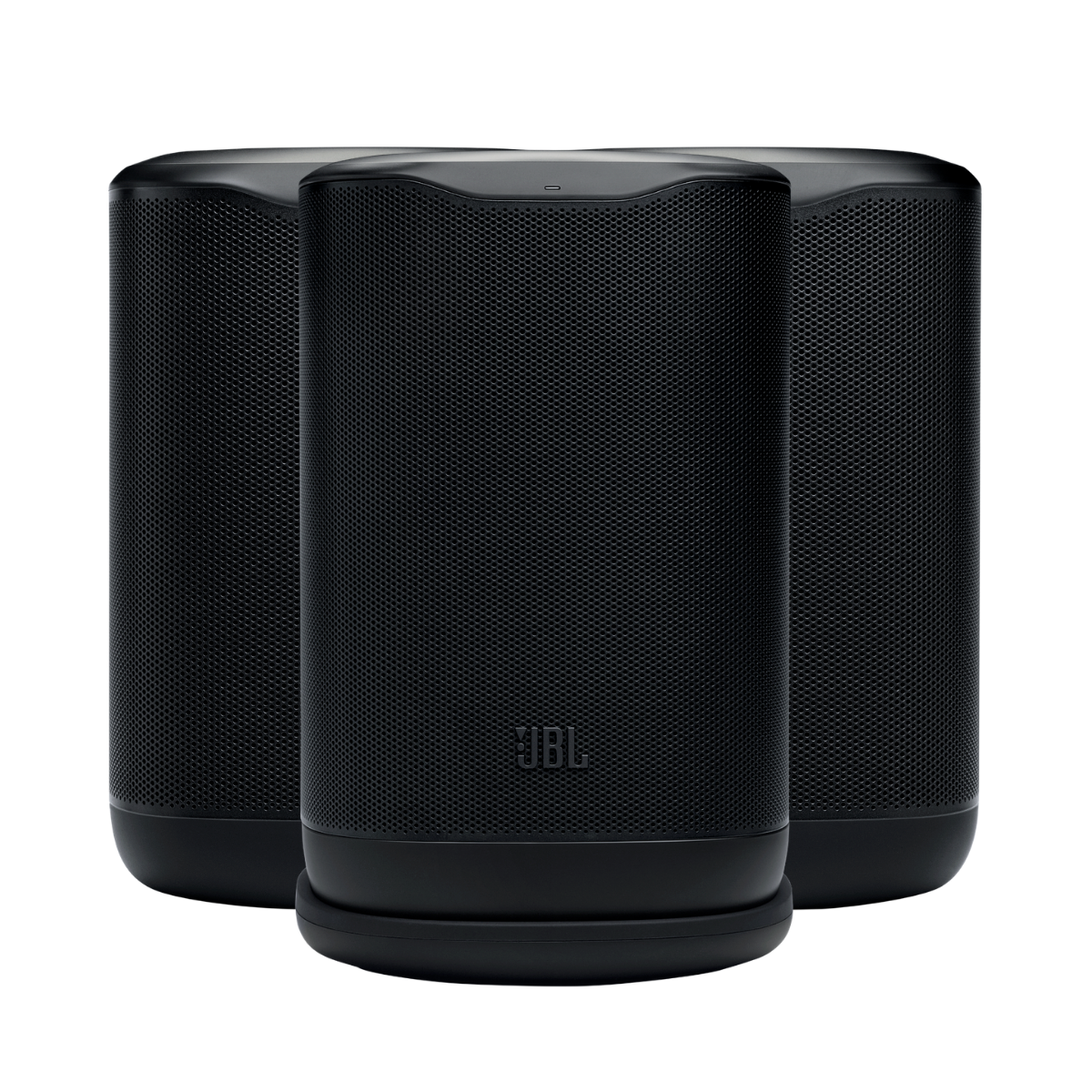 Three black JBL portable speakers (JBL Cove P1 + M1 (2-Pack) Speaker Bundle) arranged in a symmetrical triangular formation on a solid white background.