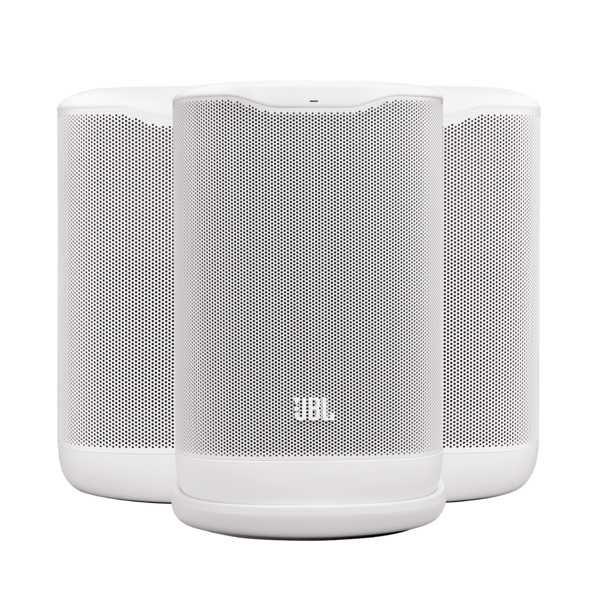 Three white JBL portable Bluetooth speakers (JBL Cove P1 + M1 (2-Pack) Speaker Bundle) arranged in a row against a solid white background.