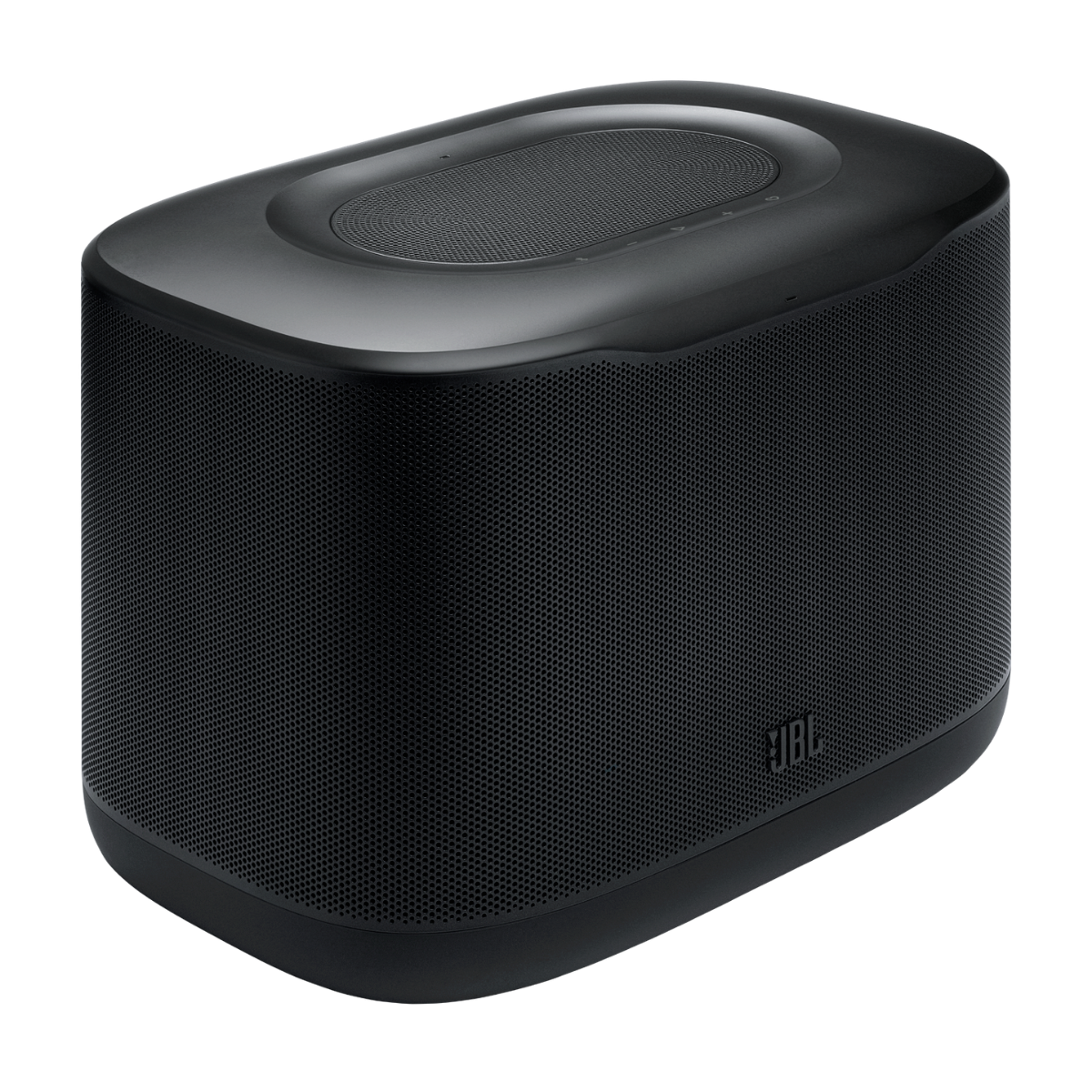 A black JBL portable speaker with a textured mesh front grille and a smooth top surface, shown at an angle on a plain white background.