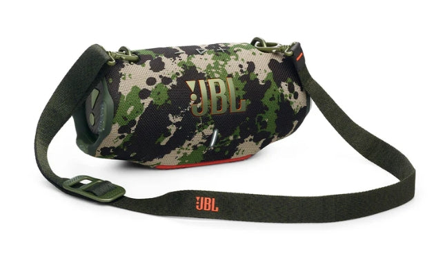 Camouflage-patterned JBL speaker with a strap on a white background