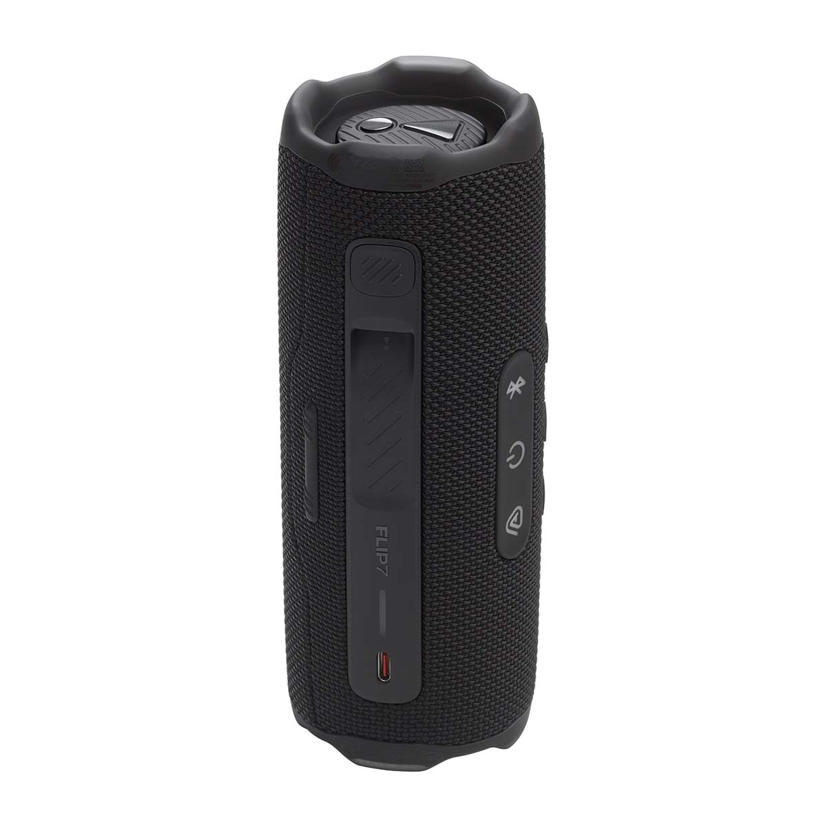 JBL Flip 7 Waterproof Bluetooth Speaker - Black - vertical side and top view showing buttons