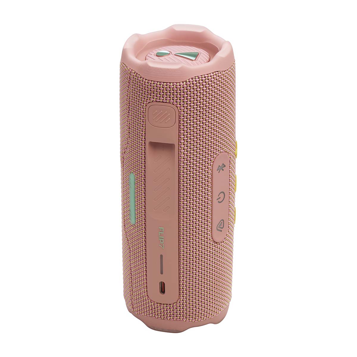 JBL Flip 7 Waterproof Bluetooth Speaker - Pink - vertical side and top view showing buttons