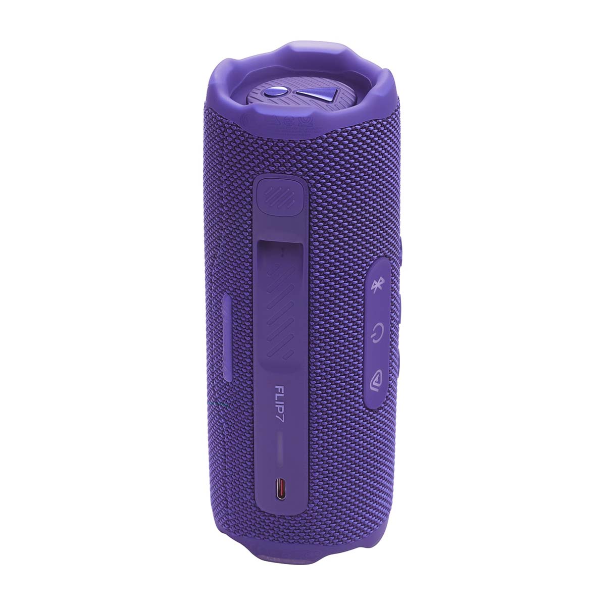 JBL Flip 7 Waterproof Bluetooth Speaker - Purple - vertical side and top view showing buttons