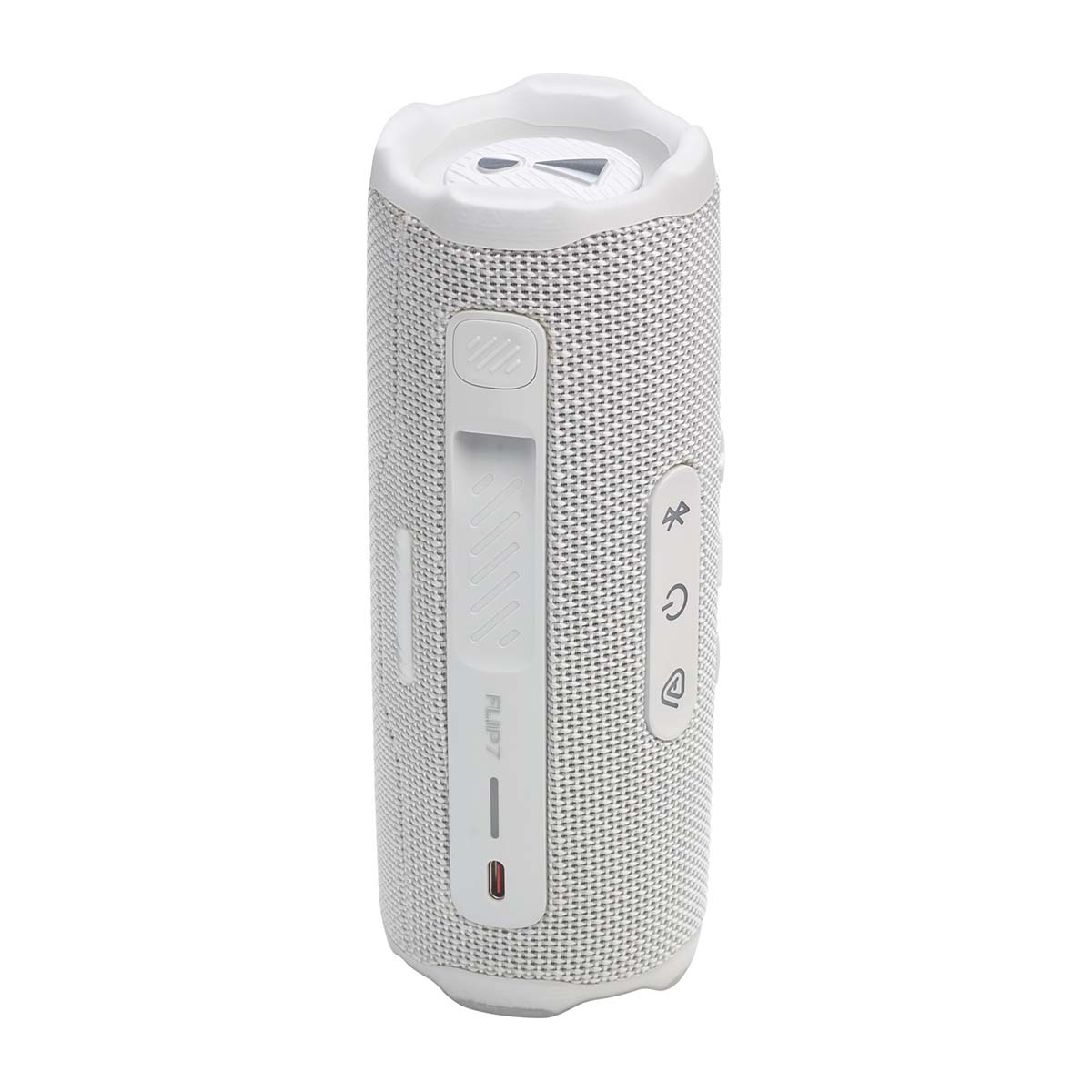 JBL Flip 7 Waterproof Bluetooth Speaker - White - vertical side and top view showing buttons