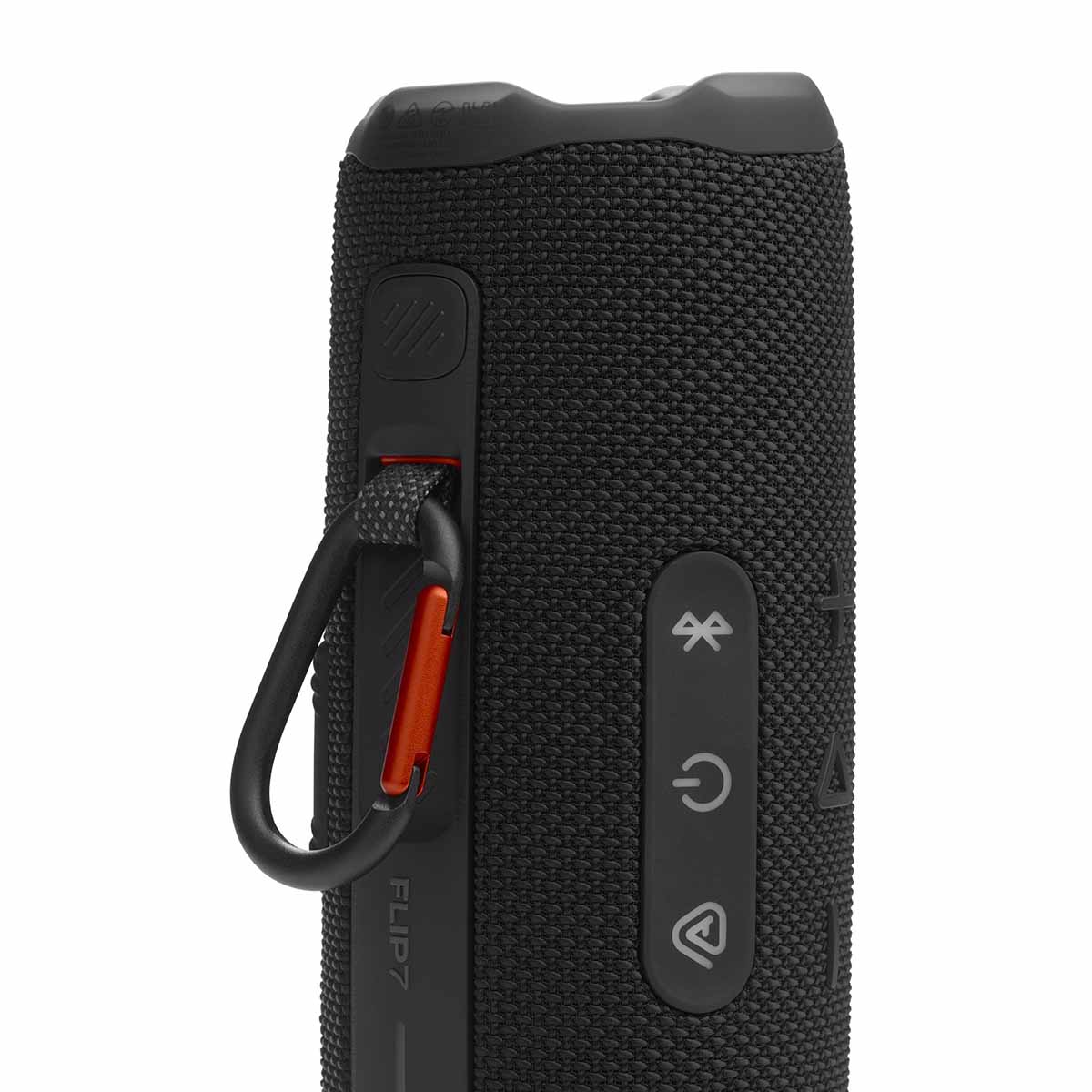 JBL Flip 7 Waterproof Bluetooth Speaker - Black - vertical detail with carabiner attached
