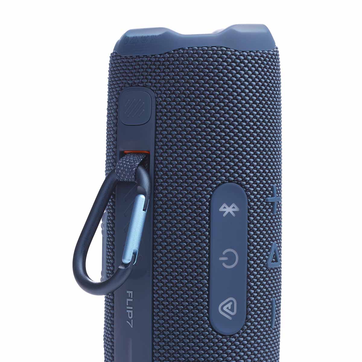 JBL Flip 7 Waterproof Bluetooth Speaker - Blue - vertical detail with carabiner attached