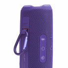 JBL Flip 7 Waterproof Bluetooth Speaker - Purple - vertical detail with carabiner attached