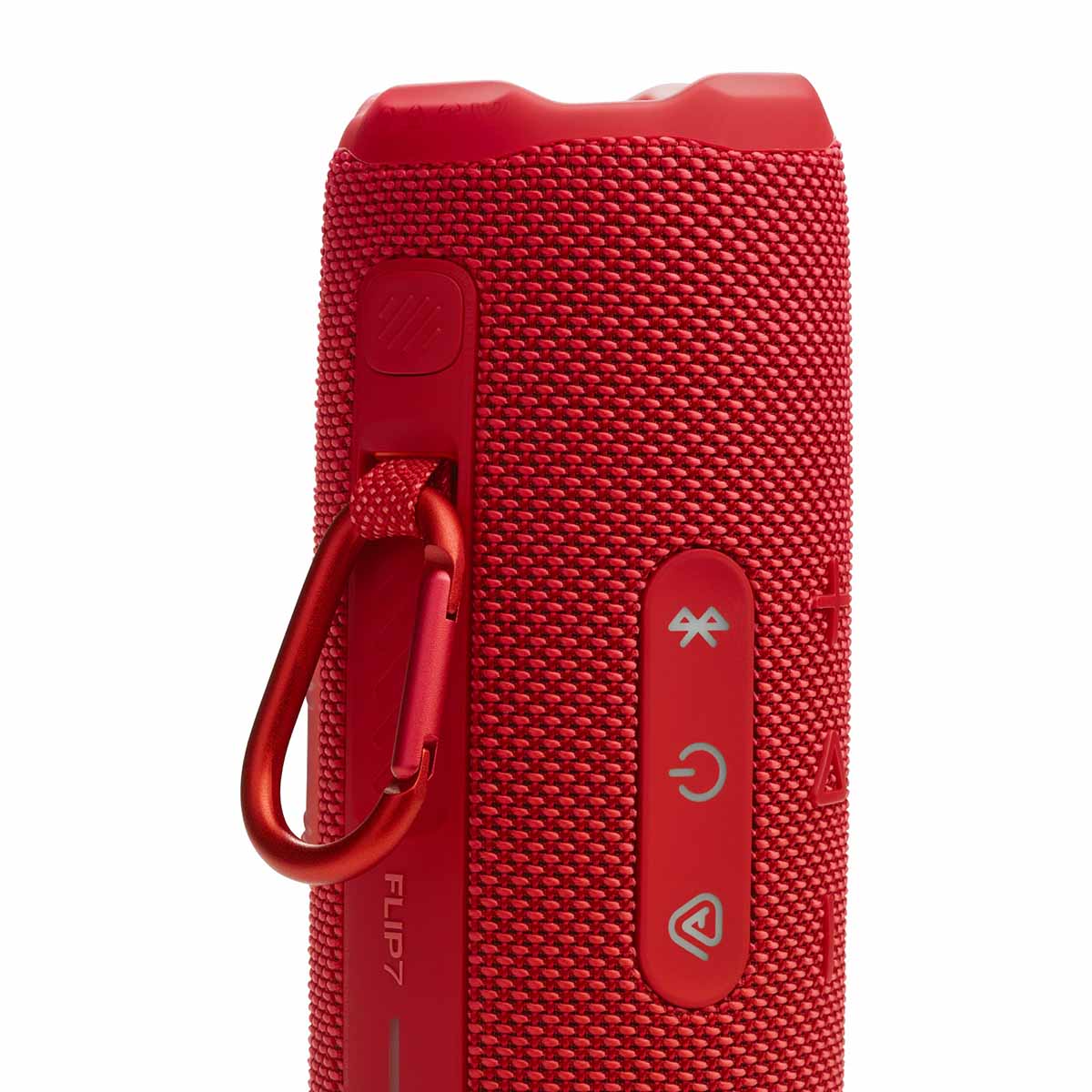 JBL Flip 7 Waterproof Bluetooth Speaker - Red - vertical detail with carabiner attached