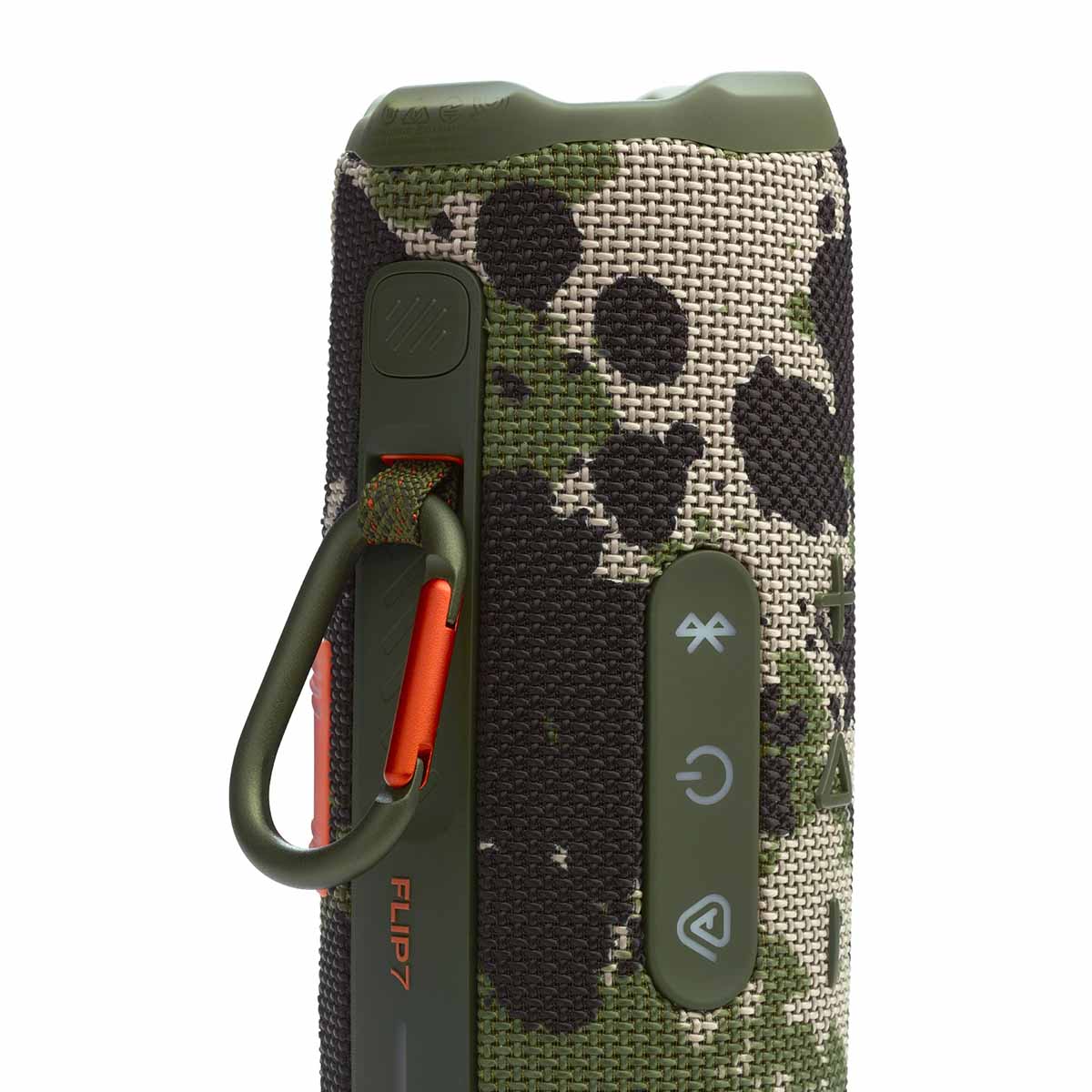 JBL Flip 7 Waterproof Bluetooth Speaker - Squad - vertical detail with carabiner attached