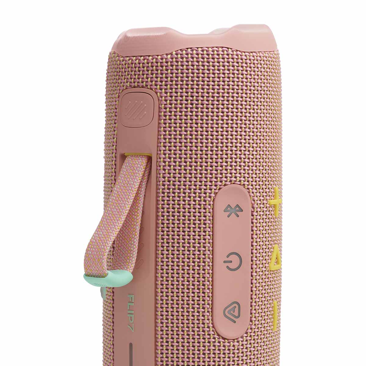 JBL Flip 7 Waterproof Bluetooth Speaker - Pink - vertical detail with strap attached