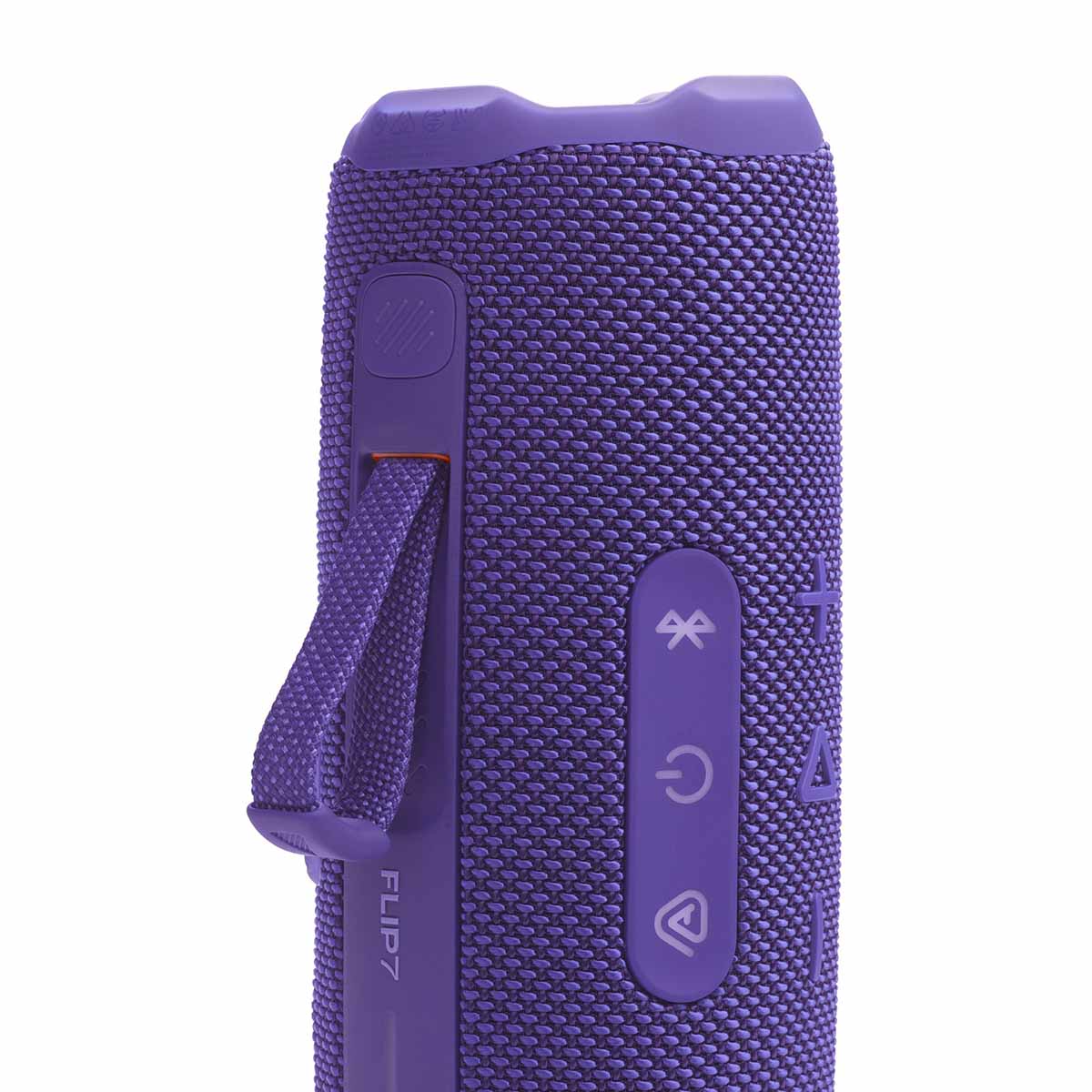 JBL Flip 7 Waterproof Bluetooth Speaker - Purple - vertical detail with strap attached