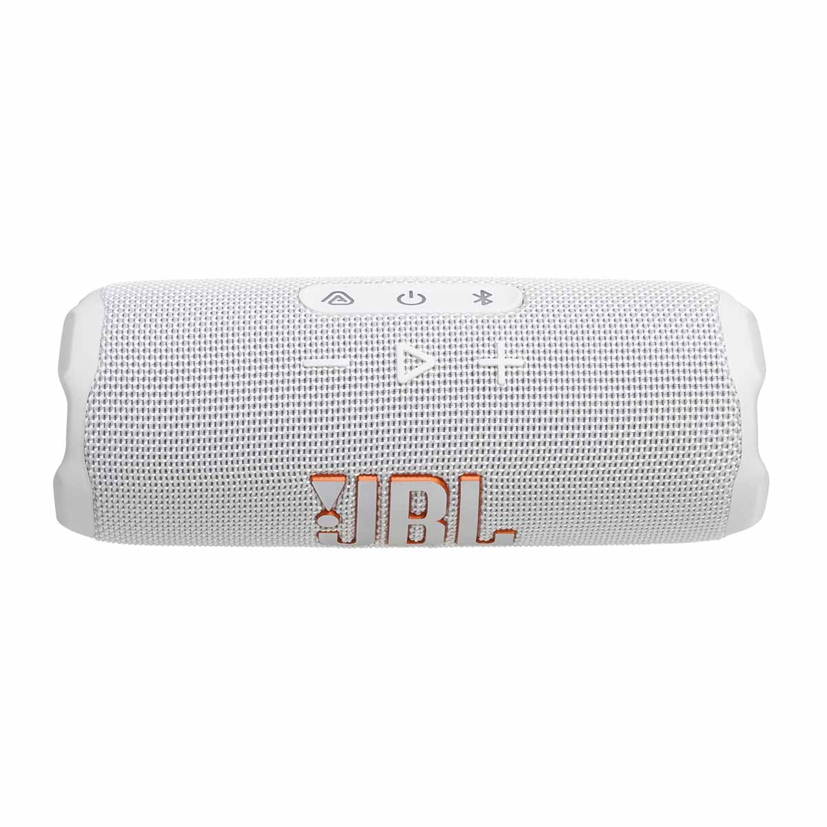 JBL Flip 7 Waterproof Bluetooth Speaker - White - horizontal top view showing buttons