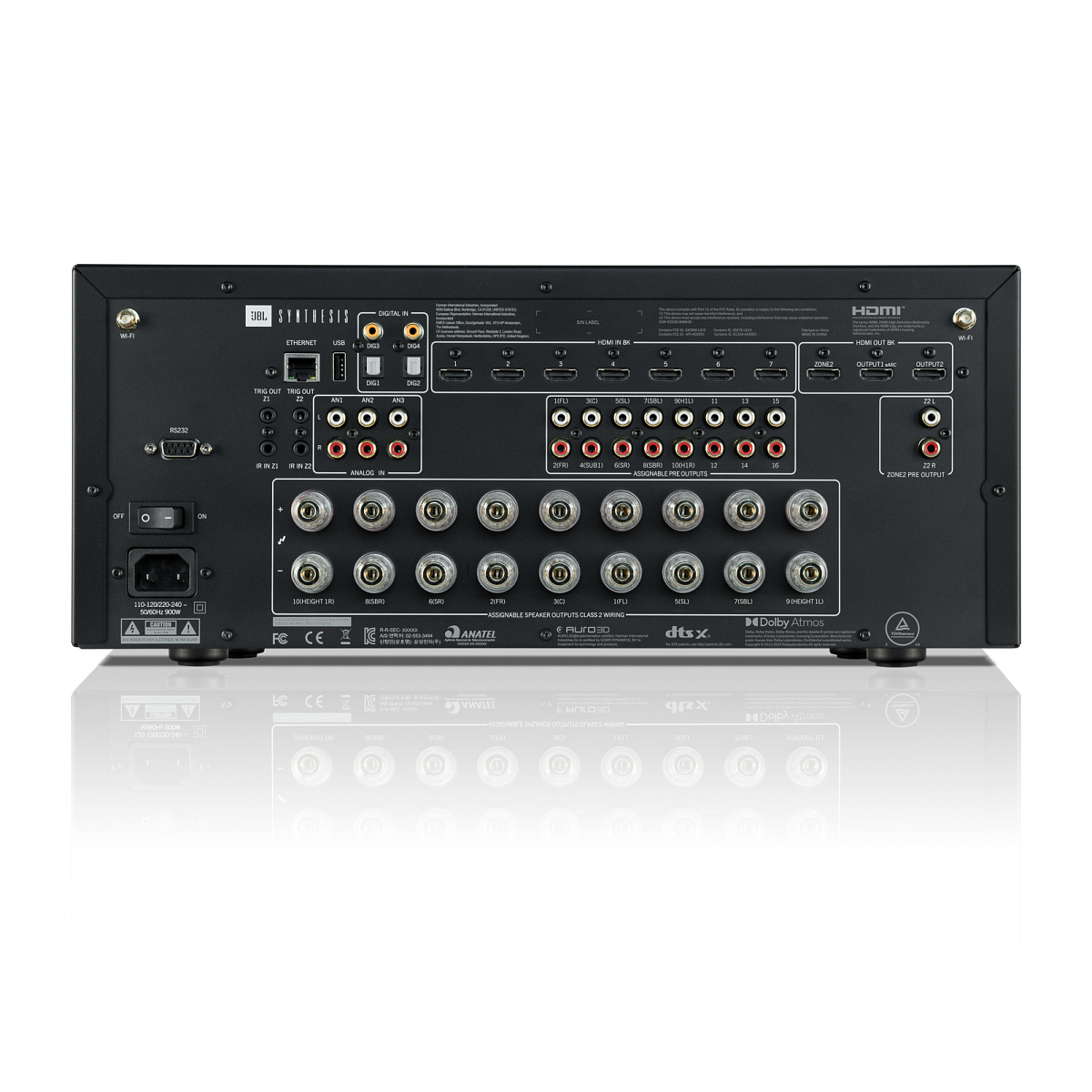 Back panel of a JBL Synthesis SDR-40 16-Channel Audio Video Receiver
