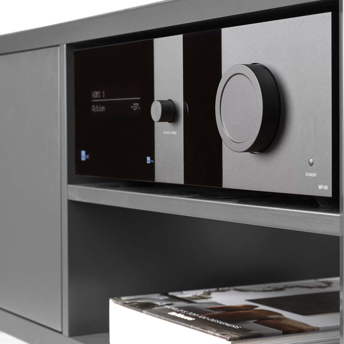 Lyngdorf MP-60 2.1 Flagship Surround Processor lifestyle shot of unit in cabinet