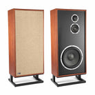 KLH Model Seven Loudspeakers - mahogany PAIR - angled front view of one with grille and one without