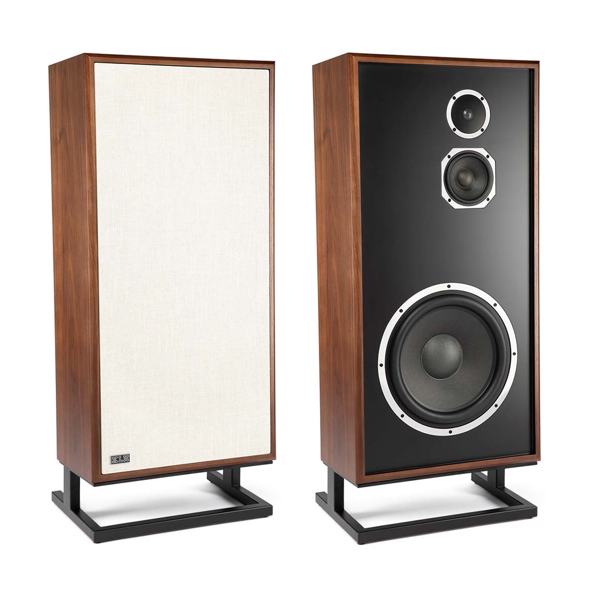 KLH Model Seven Loudspeakers - walnut PAIR - angled front view of one with grille and one without