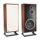 KLH Model Seven Loudspeakers - walnut PAIR - angled front view of one with grille and one without