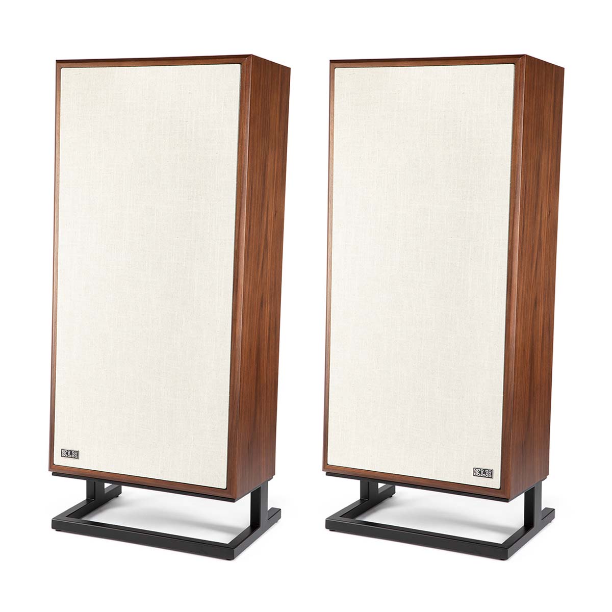 KLH Model Seven Loudspeakers - walnut PAIR - angled front view with grilles