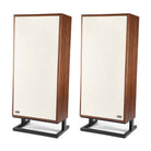 KLH Model Seven Loudspeakers - walnut PAIR - angled front view with grilles