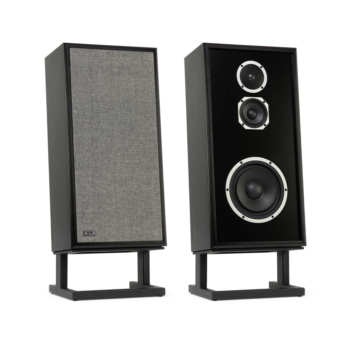 KLH Model Four Loudspeakers - black pair with and without grilles - angled front view