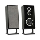 KLH Model Four Loudspeakers - black pair with and without grilles - angled front view