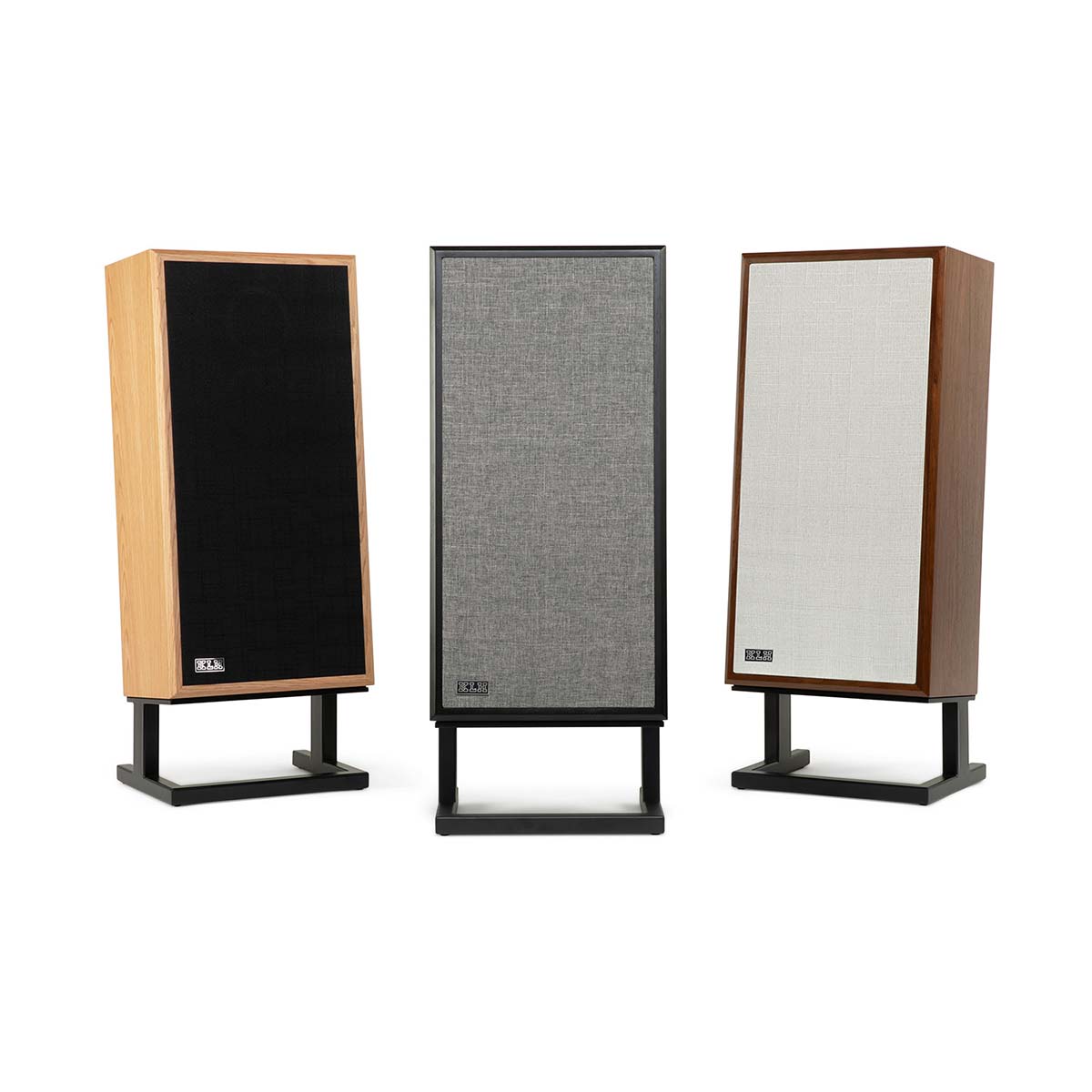 KLH Model Four Loudspeakers lineup - one speaker of each finish with grilles