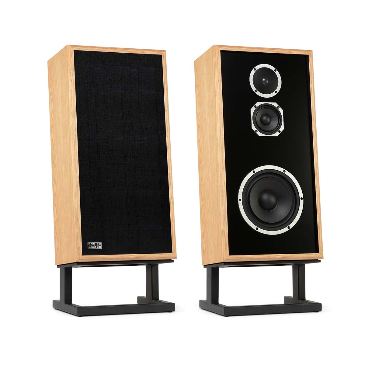 KLH Model Four Loudspeakers - oak pair with and without grilles - angled front view