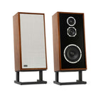 KLH Model Four Loudspeakers - walnut pair with and without grilles - angled front view