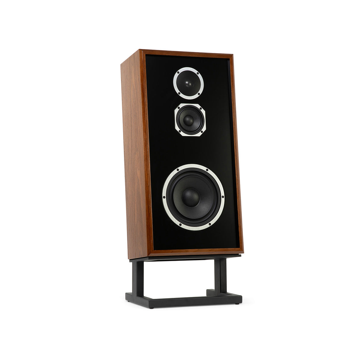 KLH Model Four Loudspeaker - single walnut without grille - angled front view