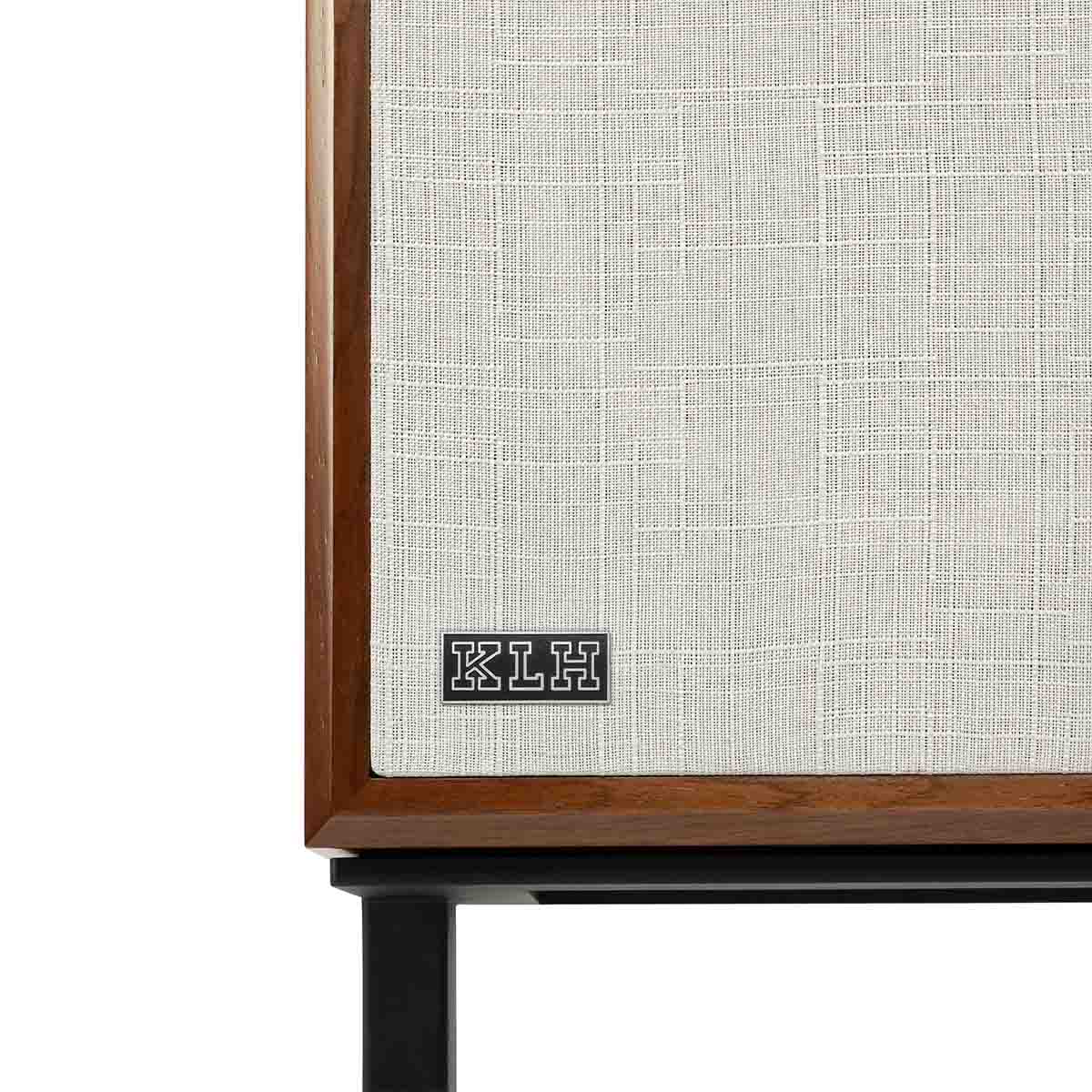 KLH Model Four Loudspeaker - single walnut with grille - zoomed view of grille logo