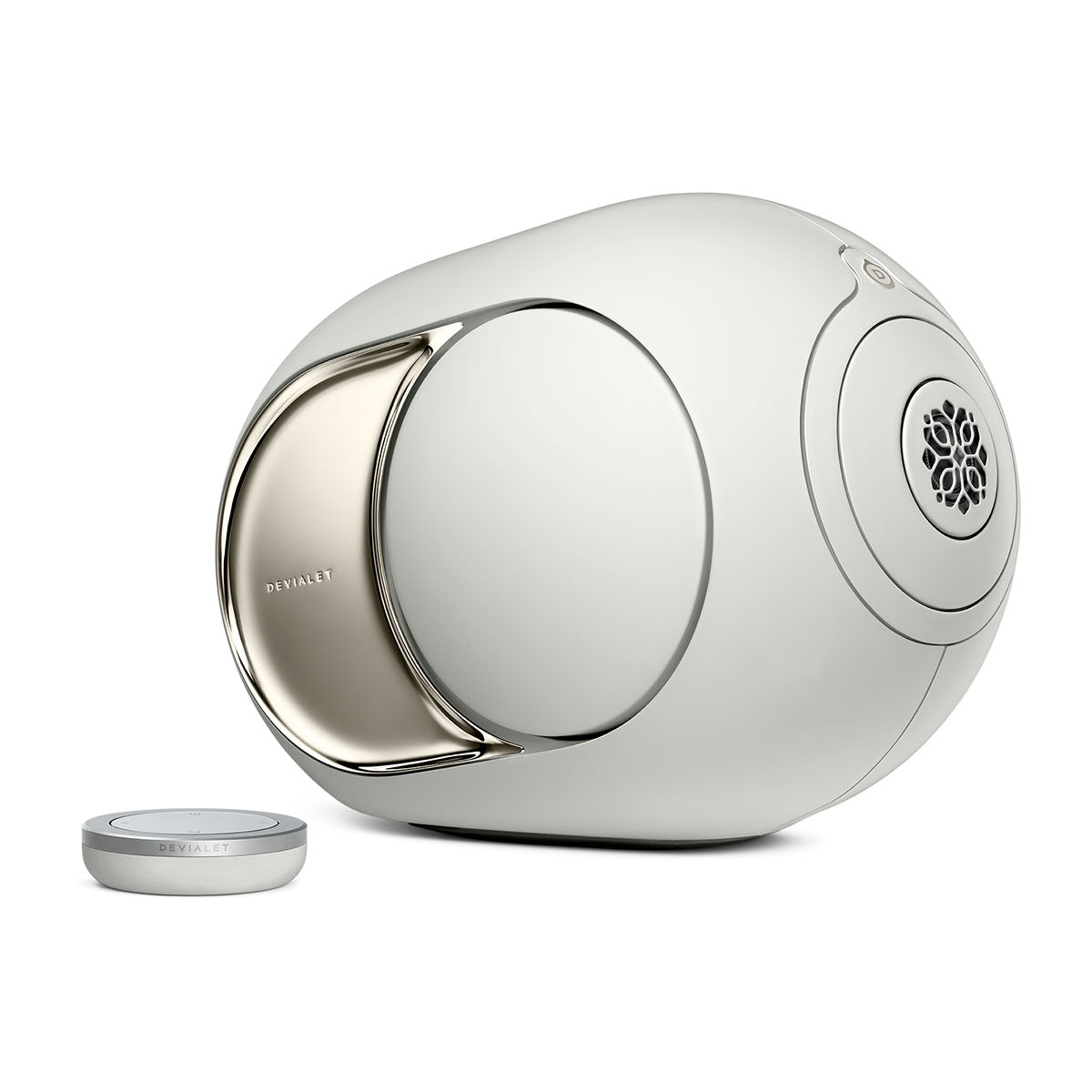 Devialet Phantom Ultimate 108 dB High-End Connected Speaker - Light Pearl - facing right with remote to left