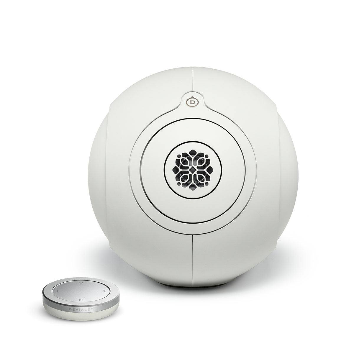 Devialet Phantom Ultimate 108 dB High-End Connected Speaker - Light Pearl - front view with remote to left