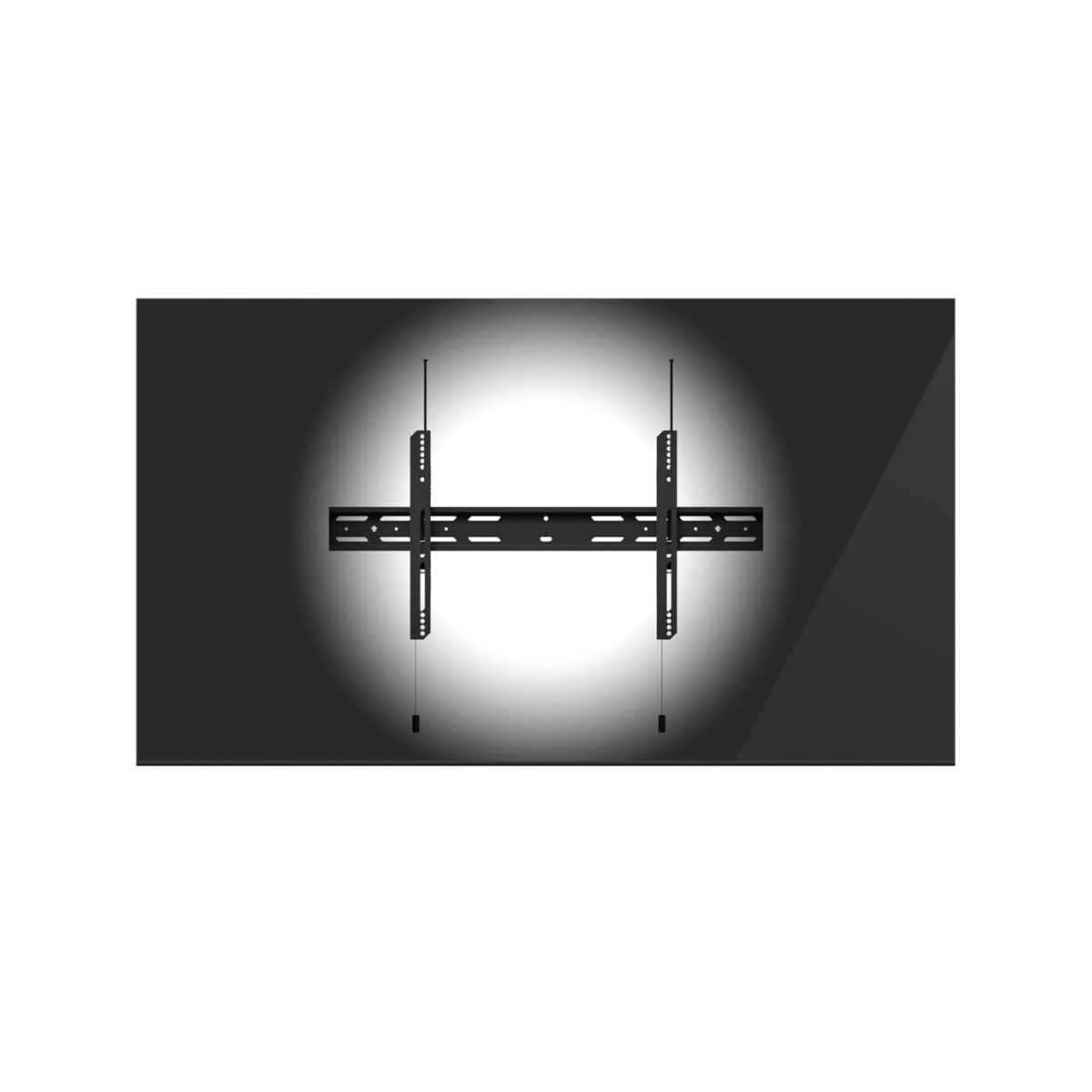 A black wall-mounted Kanto PF500 TV bracket with two vertical mounting arms and a horizontal bracket plate, shown against a dark gray background with a bright spotlight effect.