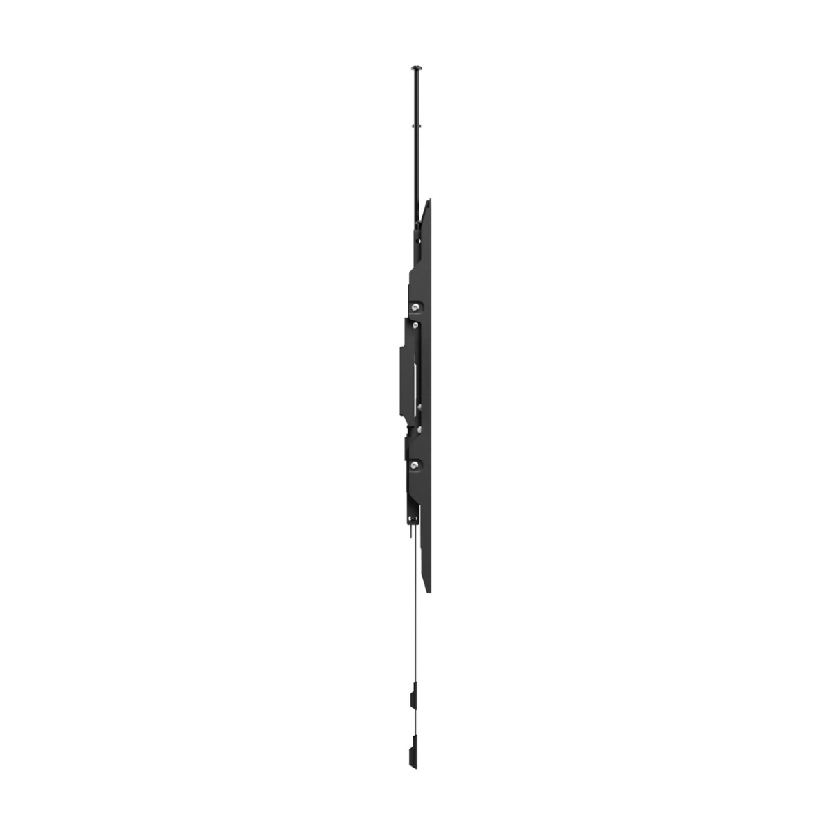 A side profile view of a black wall-mounted Kanto PF500 TV bracket with an attached antenna, shown against a plain white background.
