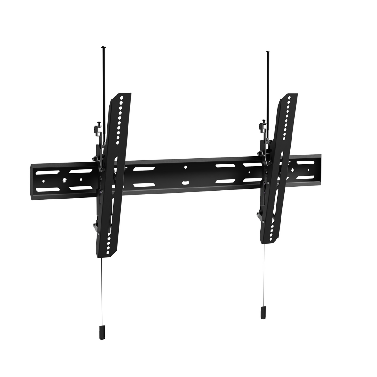 Black wall-mount TV bracket/mount with two vertical suspension arms, a horizontal mounting plate, and thin support cables, shown on a plain white background.
