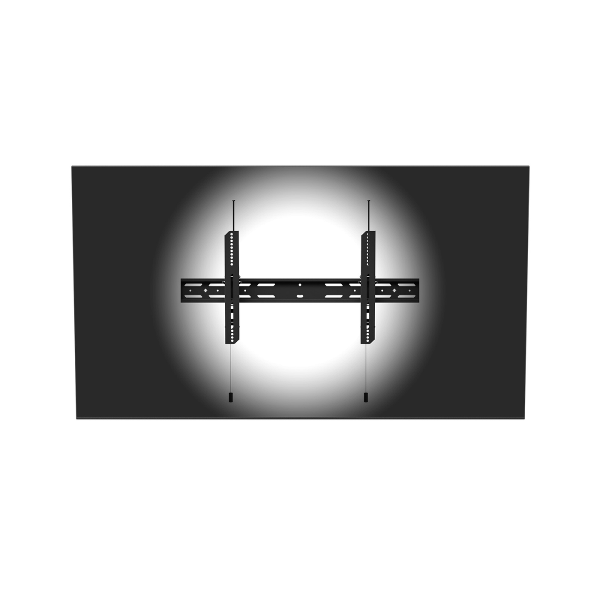 A black wall-mount TV bracket with two vertical arms and a horizontal plate, shown against a dark background with a bright white spotlight effect.