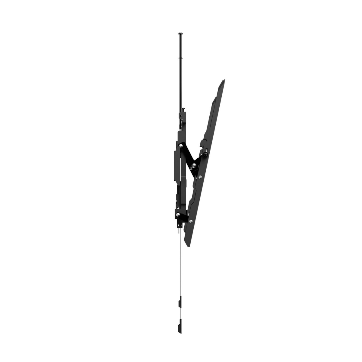 A black wall-mounted television bracket shown in profile against a solid white background.