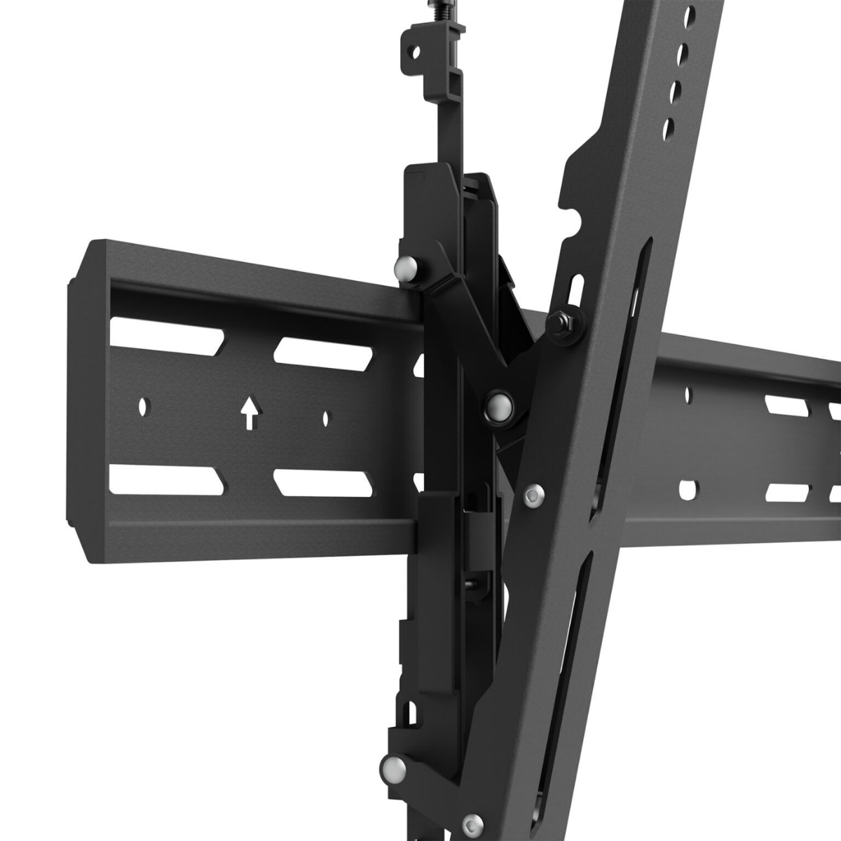 Black metal TV wall mount bracket shown at an angle on a plain white background, with visible mounting hardware and adjustment slots.
