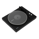 A KANTO turntable with a matte black plinth and a dark gray vinyl record, shown from an elevated angle on a white background.