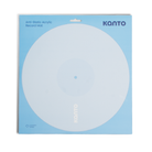 Kanto Anti-Static Acrylic Record Mat in its original light blue retail packaging, featuring a large circular cutout representing the mat.